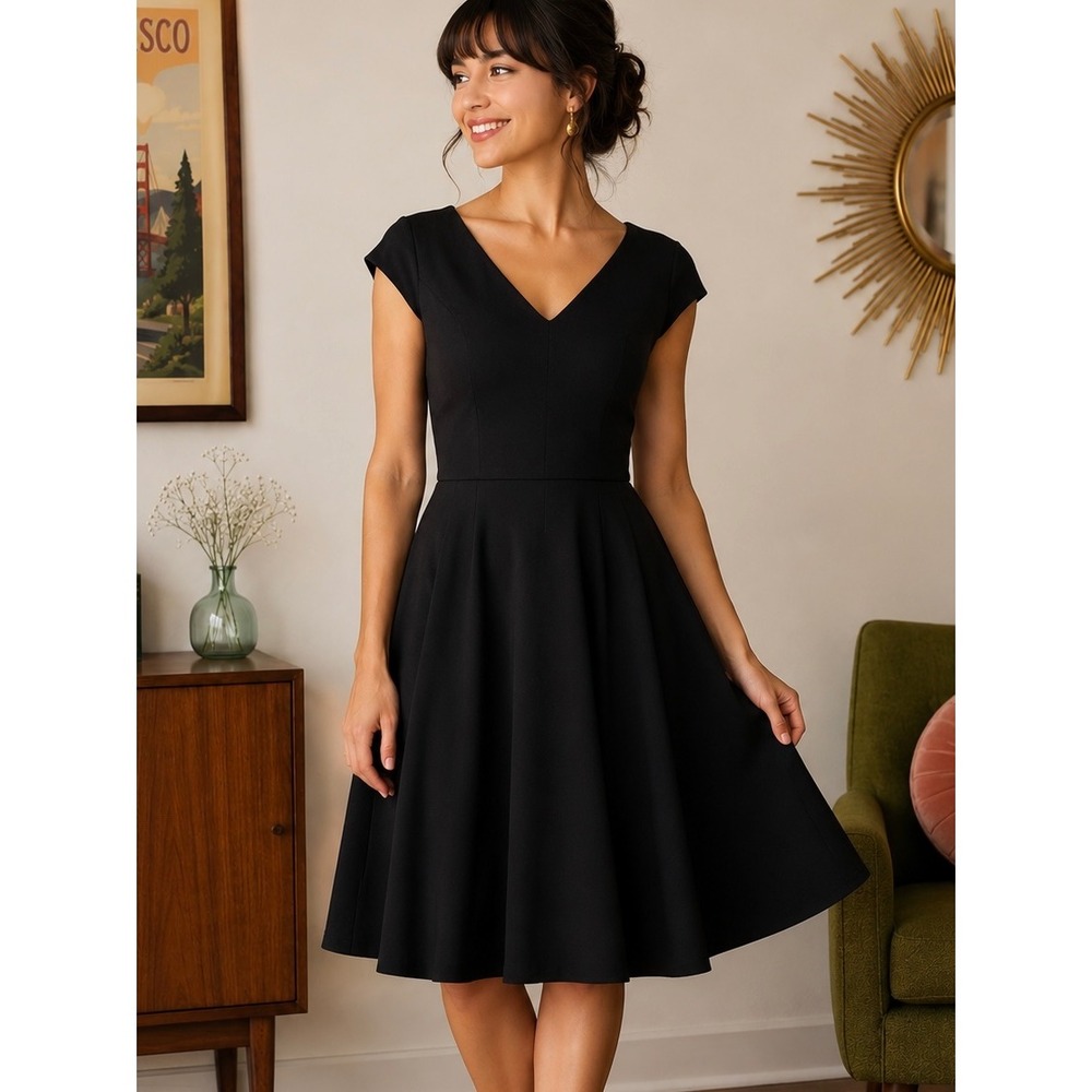 ModCloth Black Fit and Flare Dress Large V-Neck Cap Sleeve Retro A-Line LBD